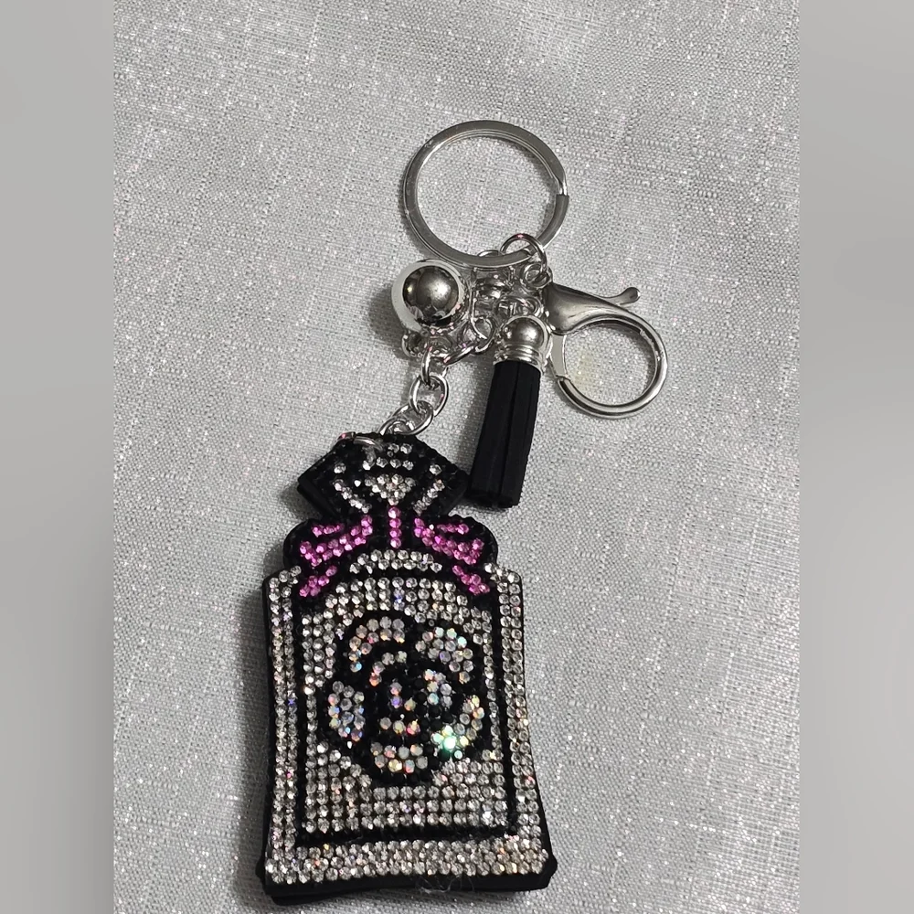 Perfume Bottle With Camellia Black Silver Pink Sparkling  Keychain Or Bag Charm